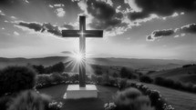 Cross of Christ in valley landscape, old vintage style black and white