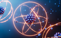 Physics atom with dark blue background, 3d rendering.