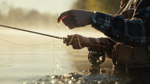 Young fly fisherman casting on a foggy river at sunrise