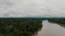 Arial drone on a river in the Amazon Rainforest in South America.