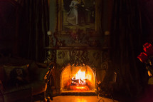 fire in a fireplace in a castle 