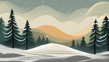 Snowy hill painting with a forest of pine trees with space for text