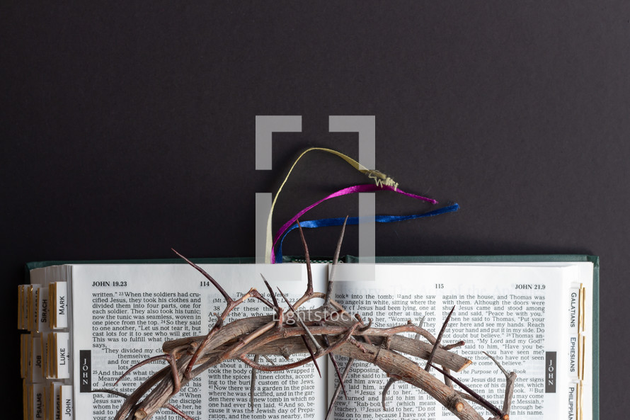 crown of thorns and open Bible on a black background 