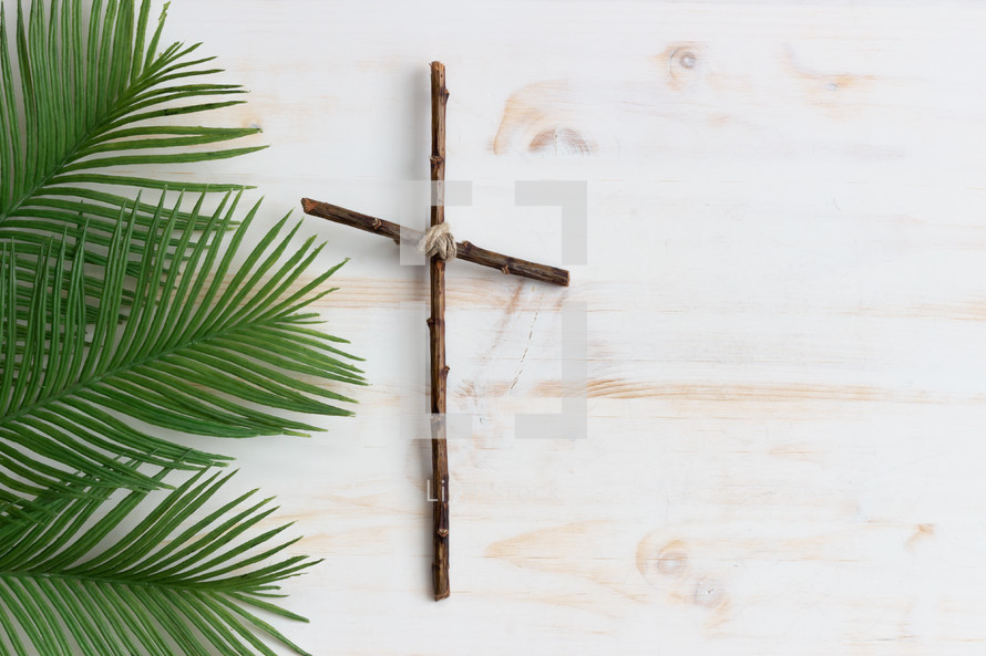 palm fronds and cross on a white background 