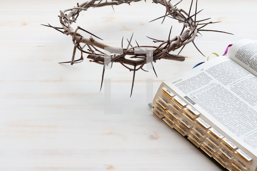 crown of thorns and open Bible 