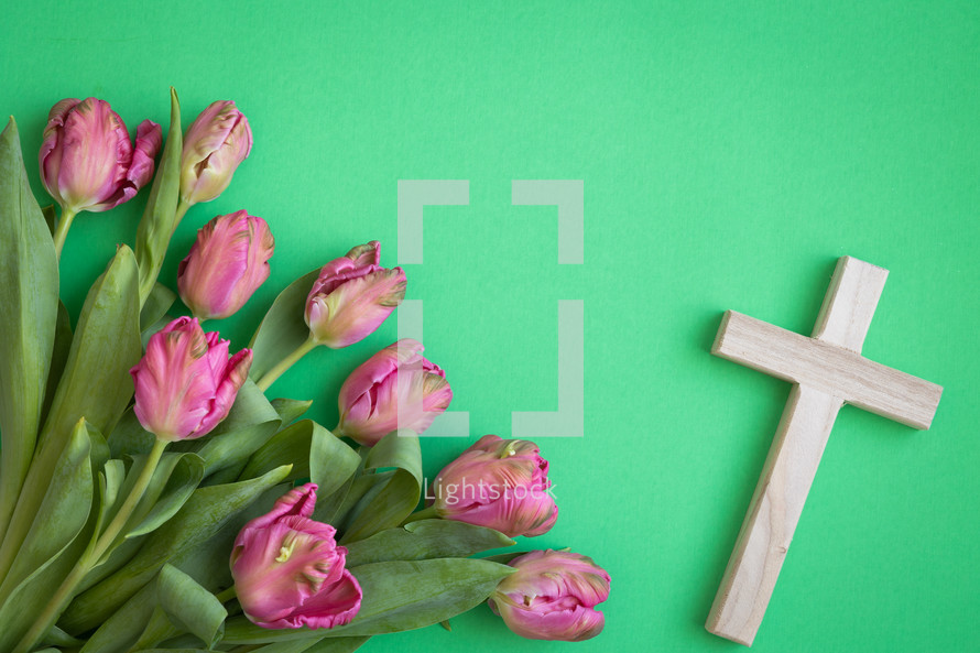 Cross and pink tulips on a green background 