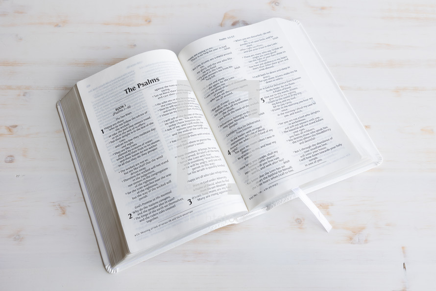 open Bible on a white wood background 