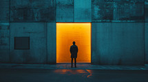 A man stands at the entrance with light