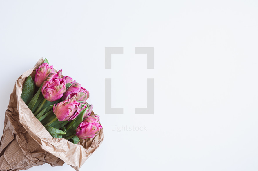 Bouquet of pink tulips in brown paper wrapping on a white background