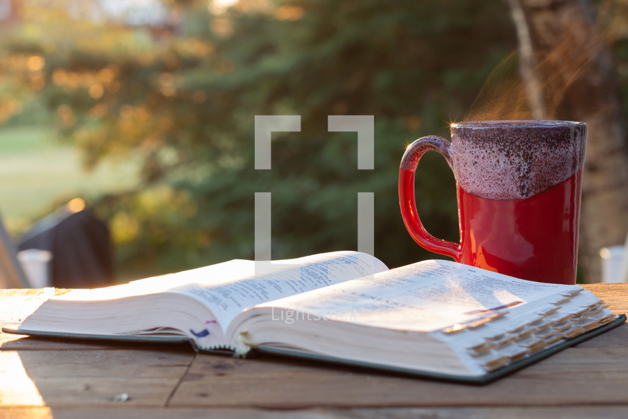 open Bible and coffee mug in morning outdoors 