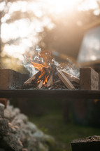 Campfire BBQ wooden fire burning