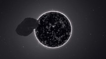 Asteroid approaching a black dwarf star, a dead star in outer space. CGI	