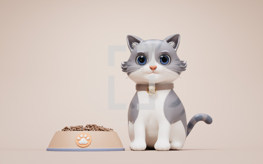 3D cartoon style cute cat and bowl, 3d rendering.