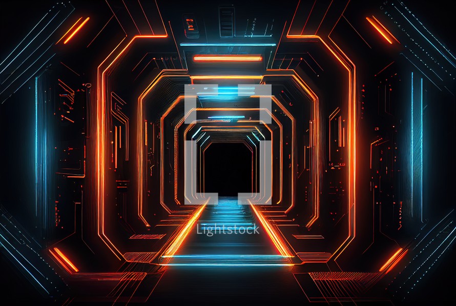 Futuristic background of neon light tunnel 