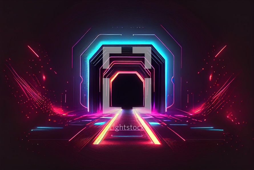Futuristic background of neon light tunnel 