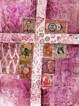 Ink print of a cross with vintage postage stamps from around the world.