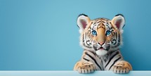 Cute tiger cub on blue background and copy space