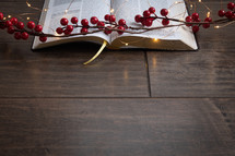 open BIble, red berries and fairy lights on a wood background 