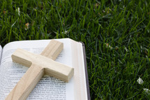 cross on a Bible in the grass