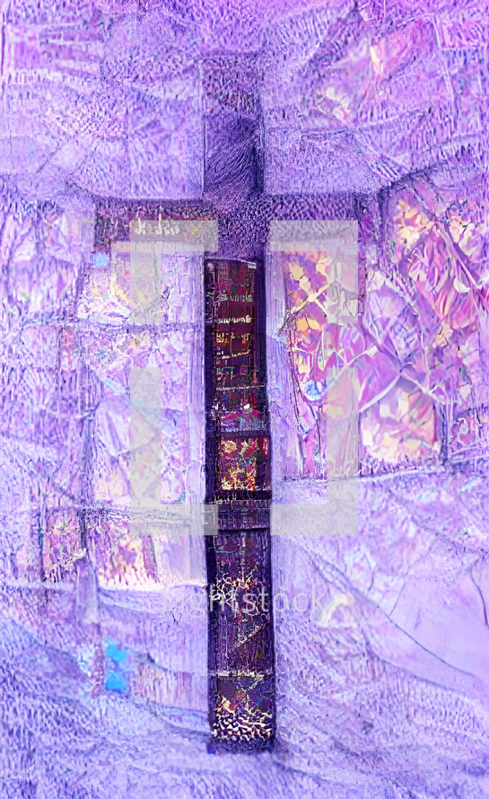 roughly textured cross art, predominately purple - combo of my cross artwork, AI input and further editing