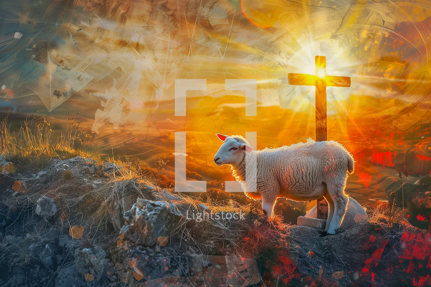 A sheep standing before the cross silhouetted by the sunrise on the hill of Golgotha