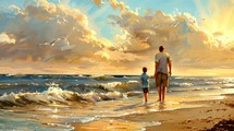 Father and son walk on the shore