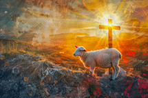 A sheep standing before the cross silhouetted by the sunrise on the hill of Golgotha