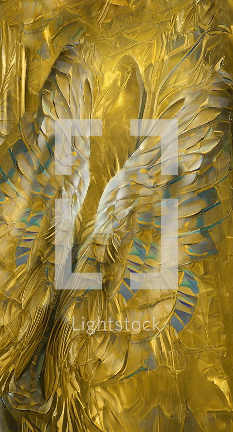golden abstract artwork of double wings angled on the canvas