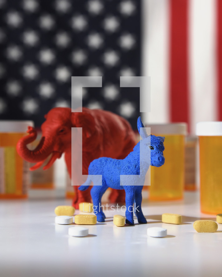 blue donkey and a red elephant are against a white wall that has job text in the background for a 2020 political issue of medical cost