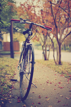 bicycle parked on a sidewalk in fall 