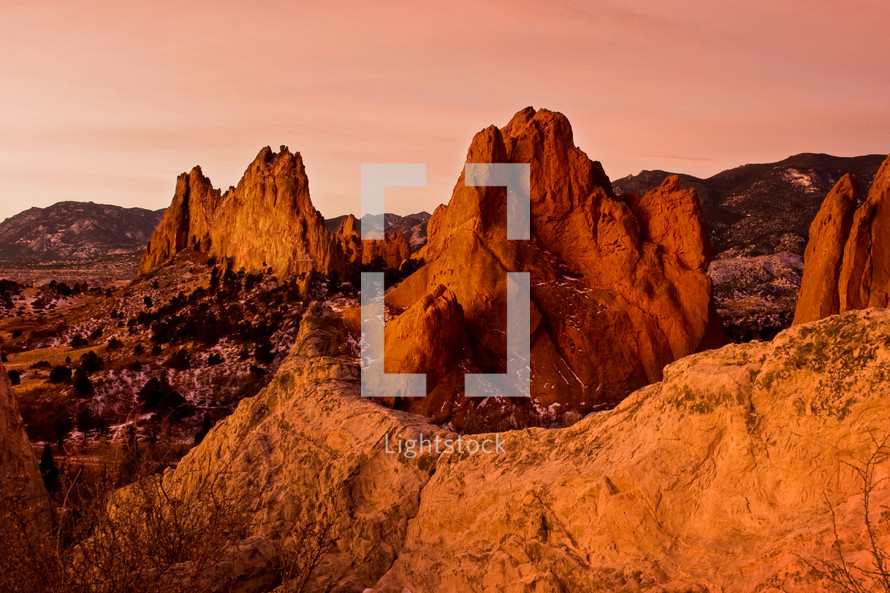 red rock formations  at Garden of the Gods at sunrise