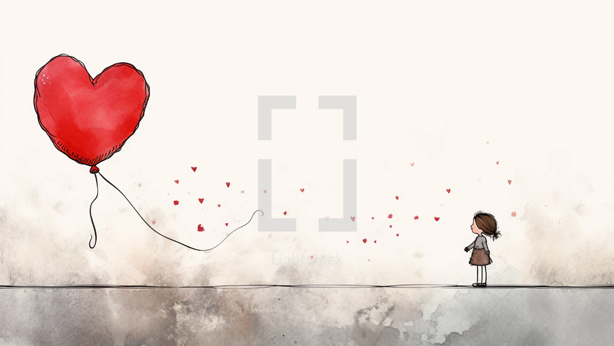 Small girl with heart balloon illustration
