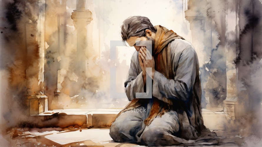 Watercolor painting of a man praying