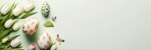 Decorate tulips and eggs on a clean background for an Easter celebration banner