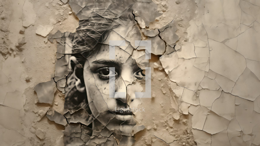 Abstract portrait of a little girl printed on a wall demolished during a catastrophic event in the East. Social concept