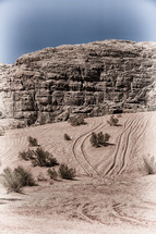 tire tracks in desert sand 