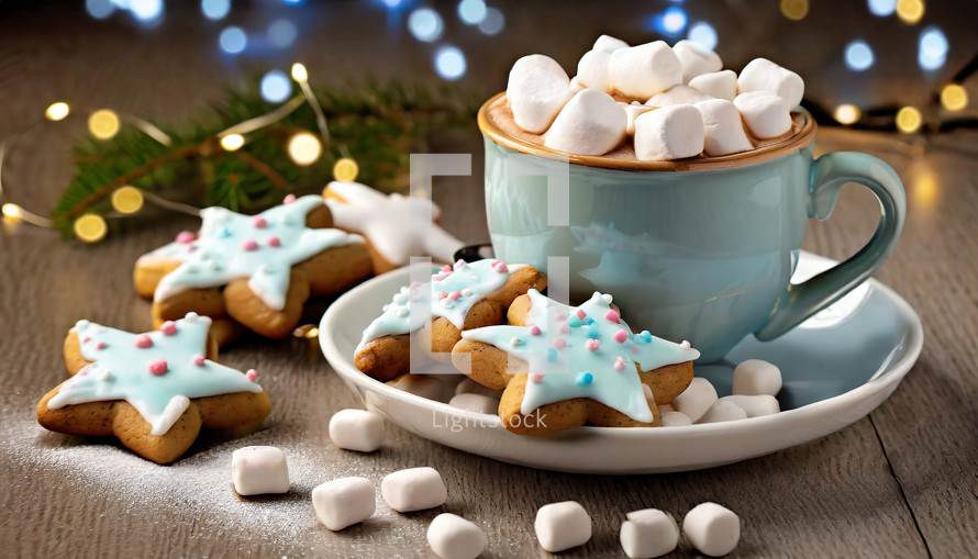 Hot chocolate cup with marshmallows and cookies