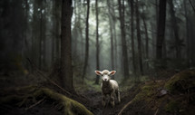Lamb of God. Little lamb standing in the mud in the the forest. 