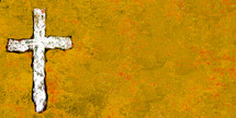 rough white cross on orange olive grunge canvas painting