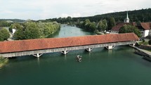 Aerial of old bridge in Switzerland