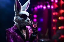 AI Generated Image. Haute couture Easter Bunny in night club with neon illumination