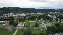 Aerial: Kastel Fortress, Banja Luka with city and mountains backdrop