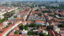 Aerial shot drone flies over neighborhoods in downtown Zagreb, Croatia