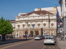 MILAN, ITALY - APRIL 10, 2014: Tourists in front of Teatro Alla Scala aka La Scala world famous opera house