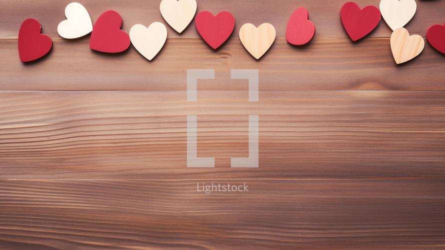 wooden background filled with colorful hearts 