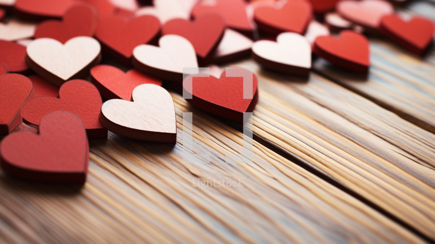 Heart shapes on a wooden table with copyspace 