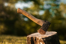 Axe in a tree stump, log cutting lumberjack tools