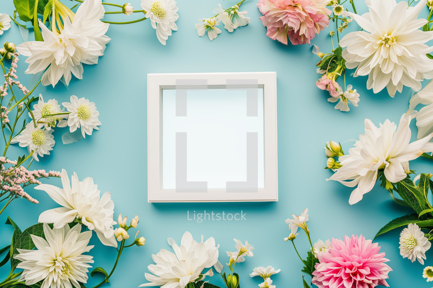 AI Generated Image. Flowers placed around empty white photo frame