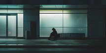 Homeless person waits at bus stop