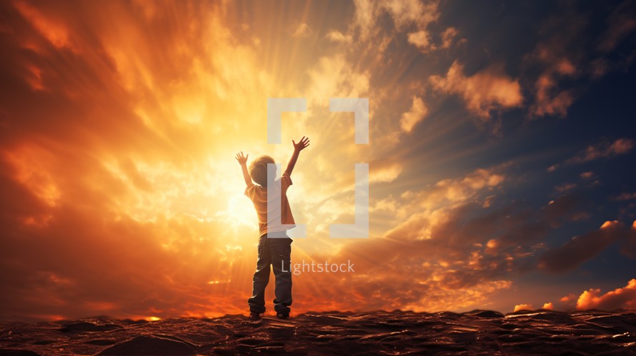 Child raising hands to a vivid sky